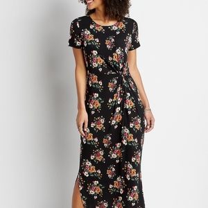 24/7 Black Floral Front Knot Maxi Dress